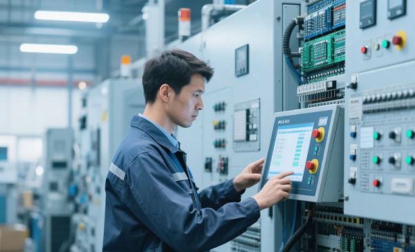 操作工正在操作自动化设备 操作工正在操作自动化设备